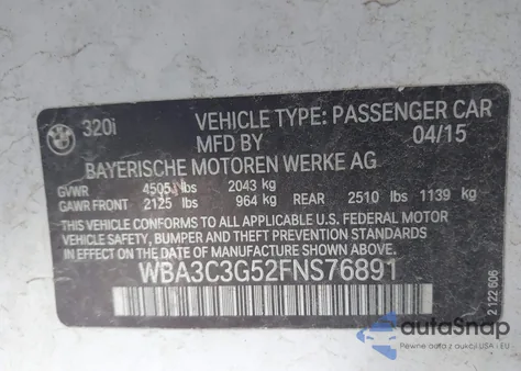 2015 BMW 320I xDrive z USA, uszkodzony, nr VIN WBA3C3G52FNS76891